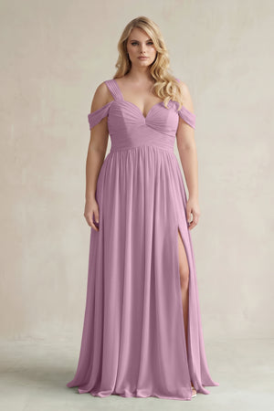 Wisteria Off-the-Shoulder A-Line Chiffon Bridesmaid Dress With Slit | KISSBRIDAL