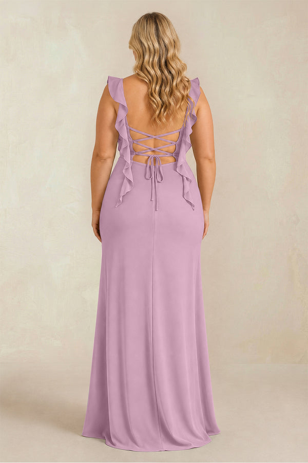 Wisteria Ruffled Sleeve Ruched Sheath Chiffon Bridesmaid Dress (2) [sizeplus] | KISSBRIDAL
