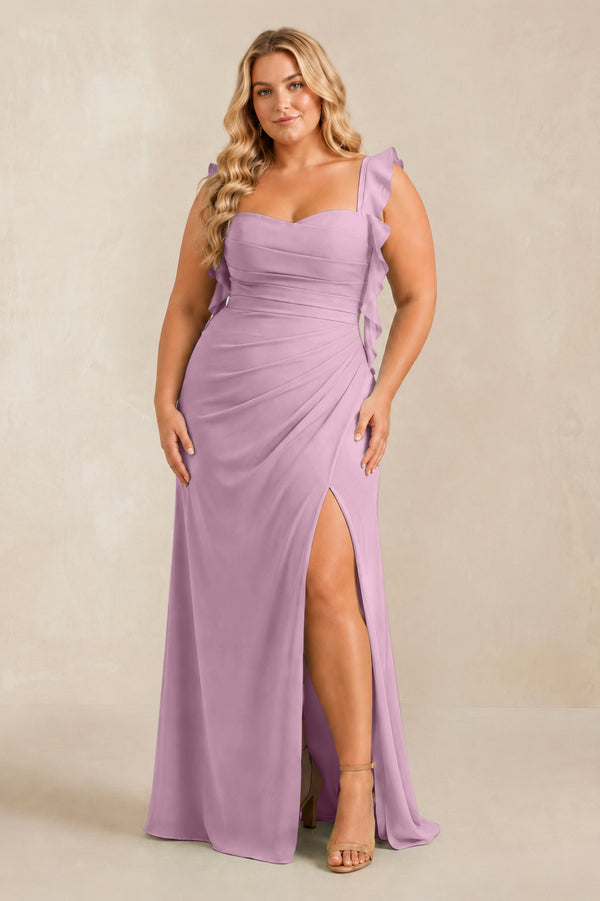 Wisteria Ruffled Sleeve Ruched Sheath Chiffon Bridesmaid Dress [sizeplus] | KISSBRIDAL