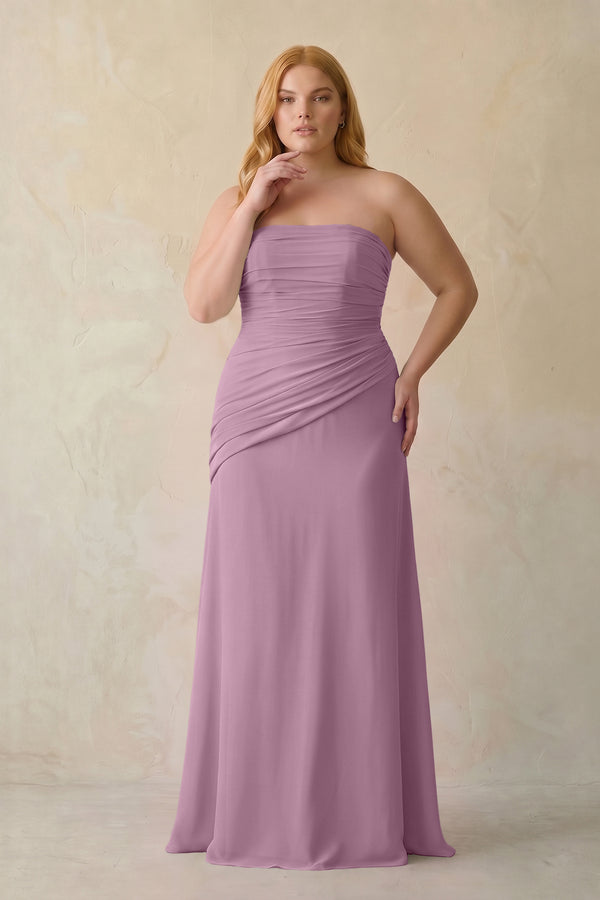 Wisteria Sheath Chiffon Strapless Pleated Bridesmaid Dress (3) | KISSBRIDAL[sizeplus]