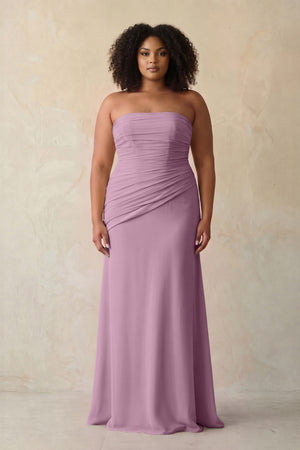 Wisteria Sheath Chiffon Strapless Pleated Bridesmaid Dress | KISSBRIDAL[sizeplus]