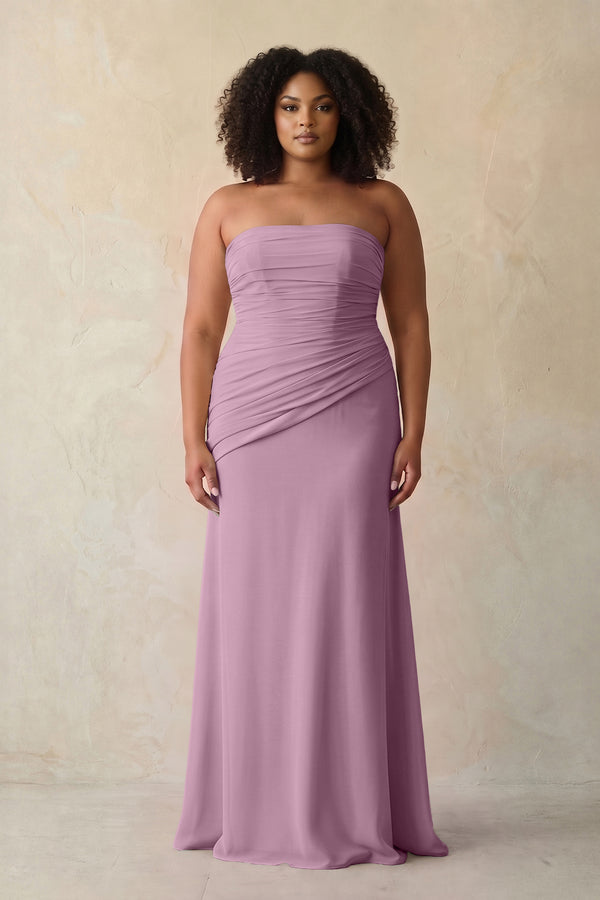 Wisteria Sheath Chiffon Strapless Pleated Bridesmaid Dress | KISSBRIDAL[sizeplus]