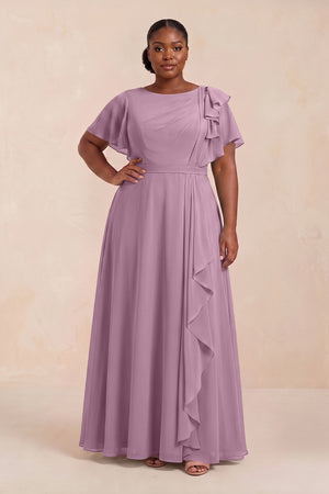 Wisteria Short Sleeves Bateau A-Line Chiffon Bridesmaid Dress (3) [sizeplus] | KISSBRIDAL