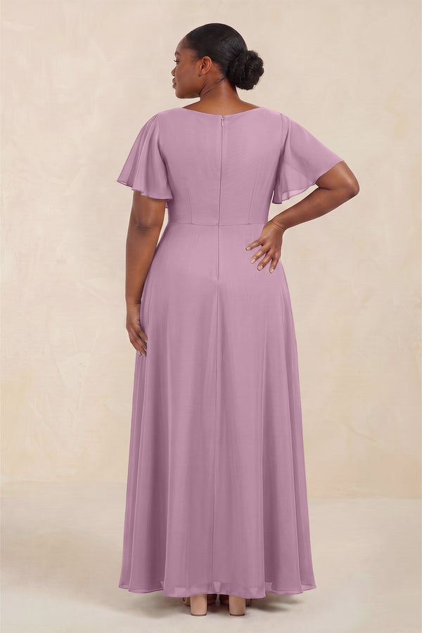 Wisteria Short Sleeves Bateau A-Line Chiffon Bridesmaid Dress (4) [sizeplus] | KISSBRIDAL