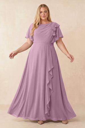 Wisteria Short Sleeves Bateau A-Line Chiffon Bridesmaid Dress [sizeplus] | KISSBRIDAL