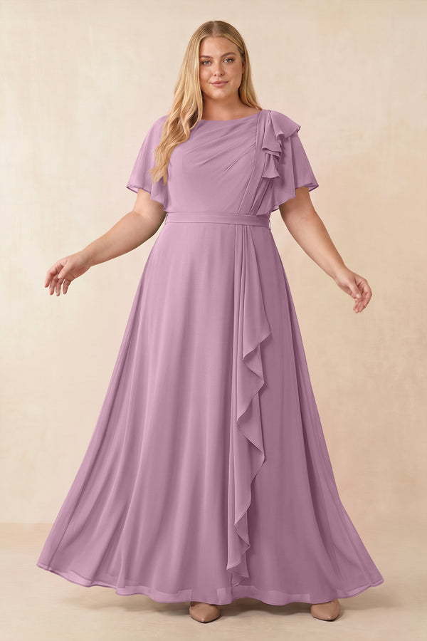 Wisteria Short Sleeves Bateau A-Line Chiffon Bridesmaid Dress [sizeplus] | KISSBRIDAL