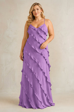 Wisteria Spaghetti Straps Sheath Stain Ruffled Bridesmaid Dress | KISSBRIDAL[sizeplus]