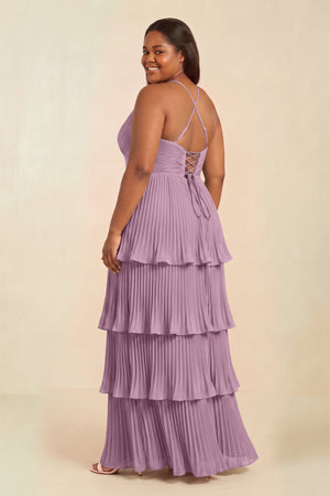 Wisteria Tiered Pleated V-Neck A-Line Chiffon Bridesmaid Dress (2) [sizeplus] | KISSBRIDAL