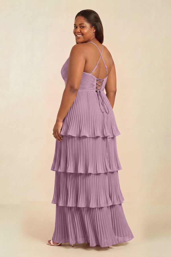 Wisteria Tiered Pleated V-Neck A-Line Chiffon Bridesmaid Dress (2) [sizeplus] | KISSBRIDAL