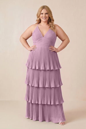Wisteria Tiered Pleated V-Neck A-Line Chiffon Bridesmaid Dress (3) [sizeplus] | KISSBRIDAL