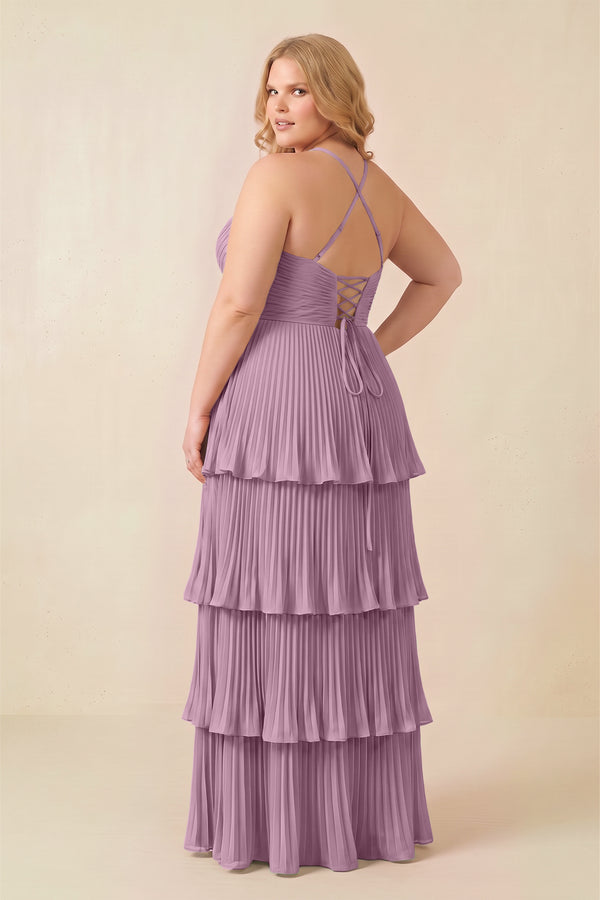 Wisteria Tiered Pleated V-Neck A-Line Chiffon Bridesmaid Dress (4) [sizeplus] | KISSBRIDAL