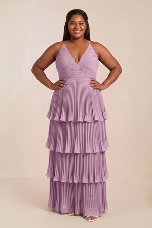 Wisteria Tiered Pleated V-Neck A-Line Chiffon Bridesmaid Dress [sizeplus] | KISSBRIDAL