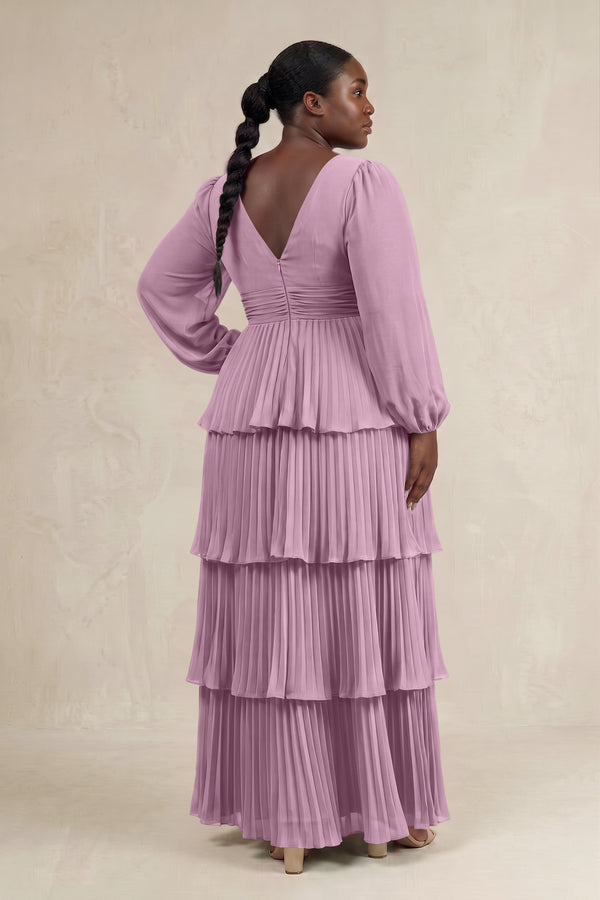 Wisteria V-Neck Tiered A-Line Long Sleeve Bridesmaid Dress (2) [sizeplus] | KISSBRIDAL