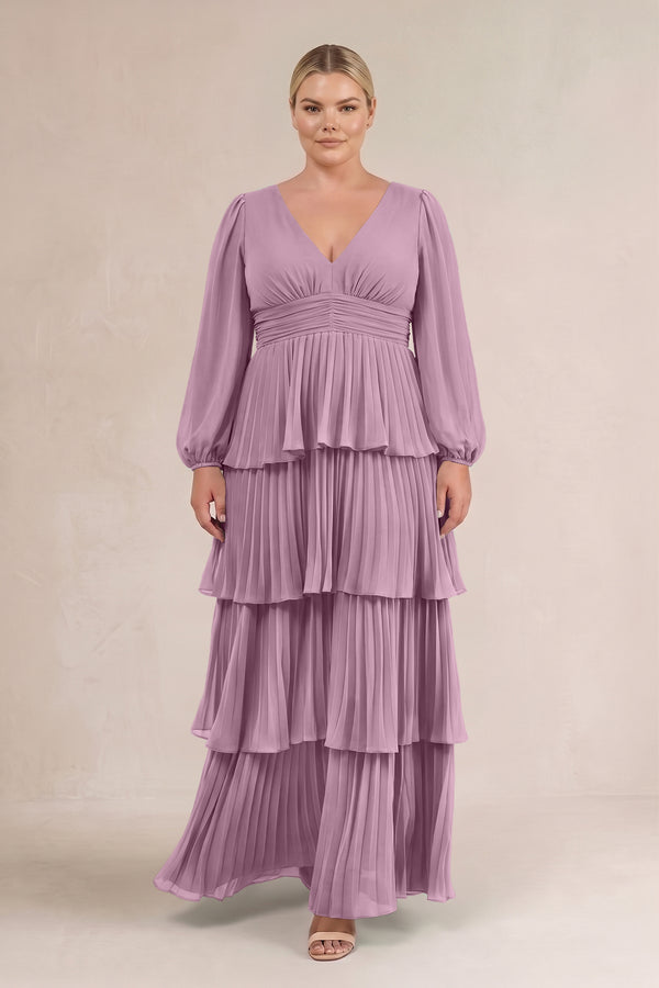 Wisteria V-Neck Tiered A-Line Long Sleeve Bridesmaid Dress (3) [sizeplus] | KISSBRIDAL