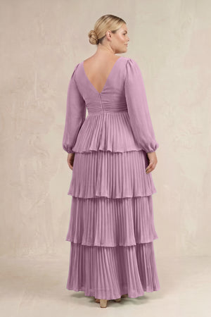 Wisteria V-Neck Tiered A-Line Long Sleeve Bridesmaid Dress (4) [sizeplus] | KISSBRIDAL