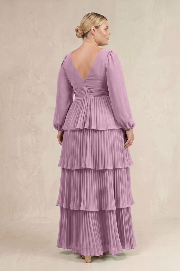 Wisteria V-Neck Tiered A-Line Long Sleeve Bridesmaid Dress (4) [sizeplus] | KISSBRIDAL