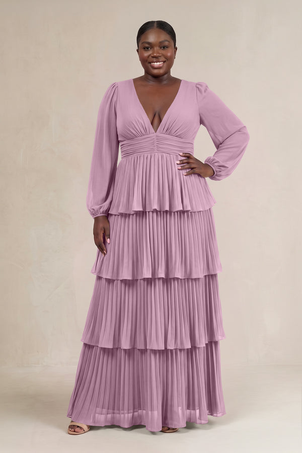 Wisteria V-Neck Tiered A-Line Long Sleeve Bridesmaid Dress [sizeplus] | KISSBRIDAL
