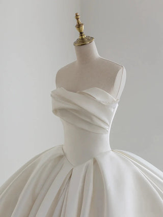 White Simple A Line Satin Strapless Long Wedding Dresses