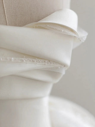 White Simple A Line Satin Strapless Long Wedding Dresses