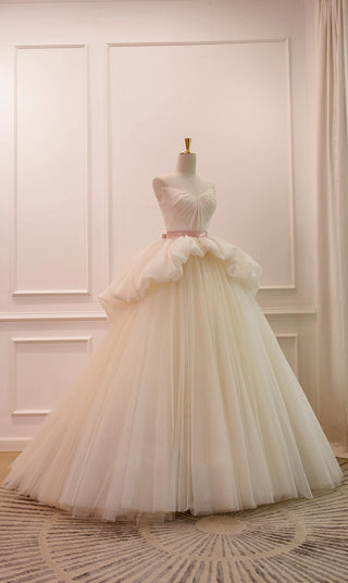 Tulle White Strapless A-line V-Neck Wedding Dresses with Belt